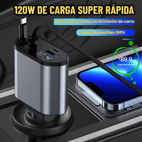 Cargador Rápido con Cable Retráctil 4 en 1 para Auto